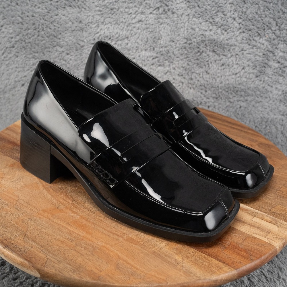 Zara Black Patent Leather Block Heel Loafers Womens Size 9